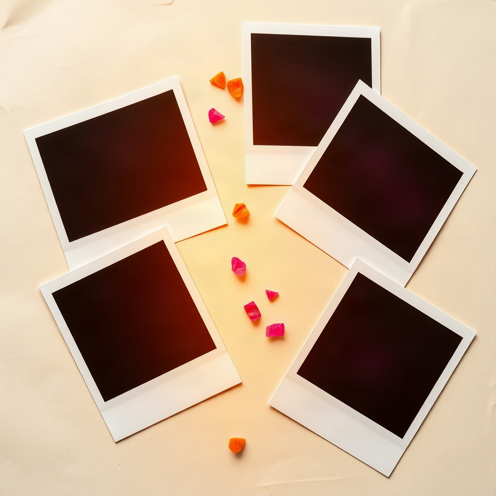Photo prints and color chips in a studio flat lay