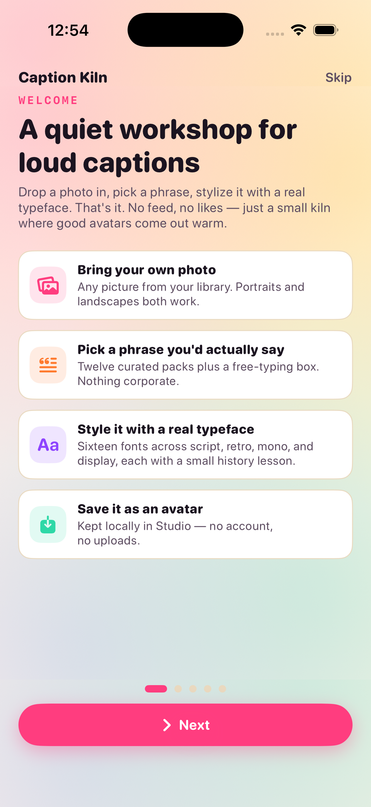Caption Kiln Forge screen with photo picker